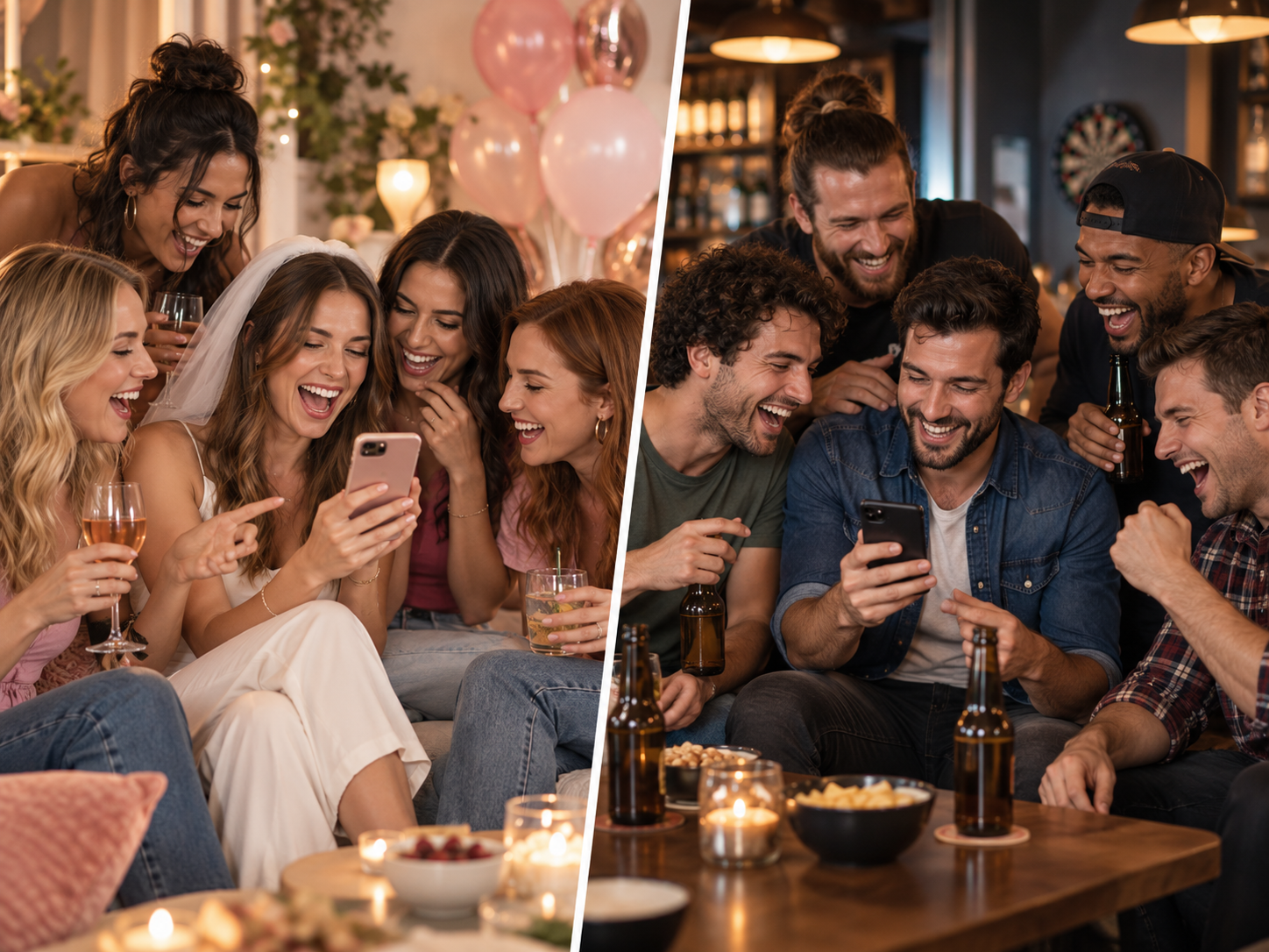 Gruppo di amici e amiche che giocano dal telefono durante una festa di addio al nubilato e al celibato